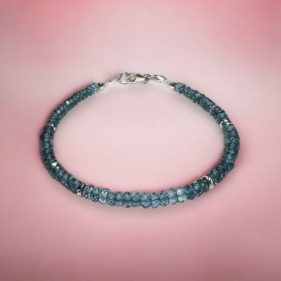 Handcrafted Solid 14K White Gold Natural London Blue Topaz Bracelet , 7.3" - Picture 6 of 11